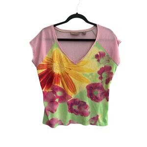 i. E. Relaxed Womens XL Aloha Top Beaded Y2K 90s Tropical Big Floral Sheer #4764